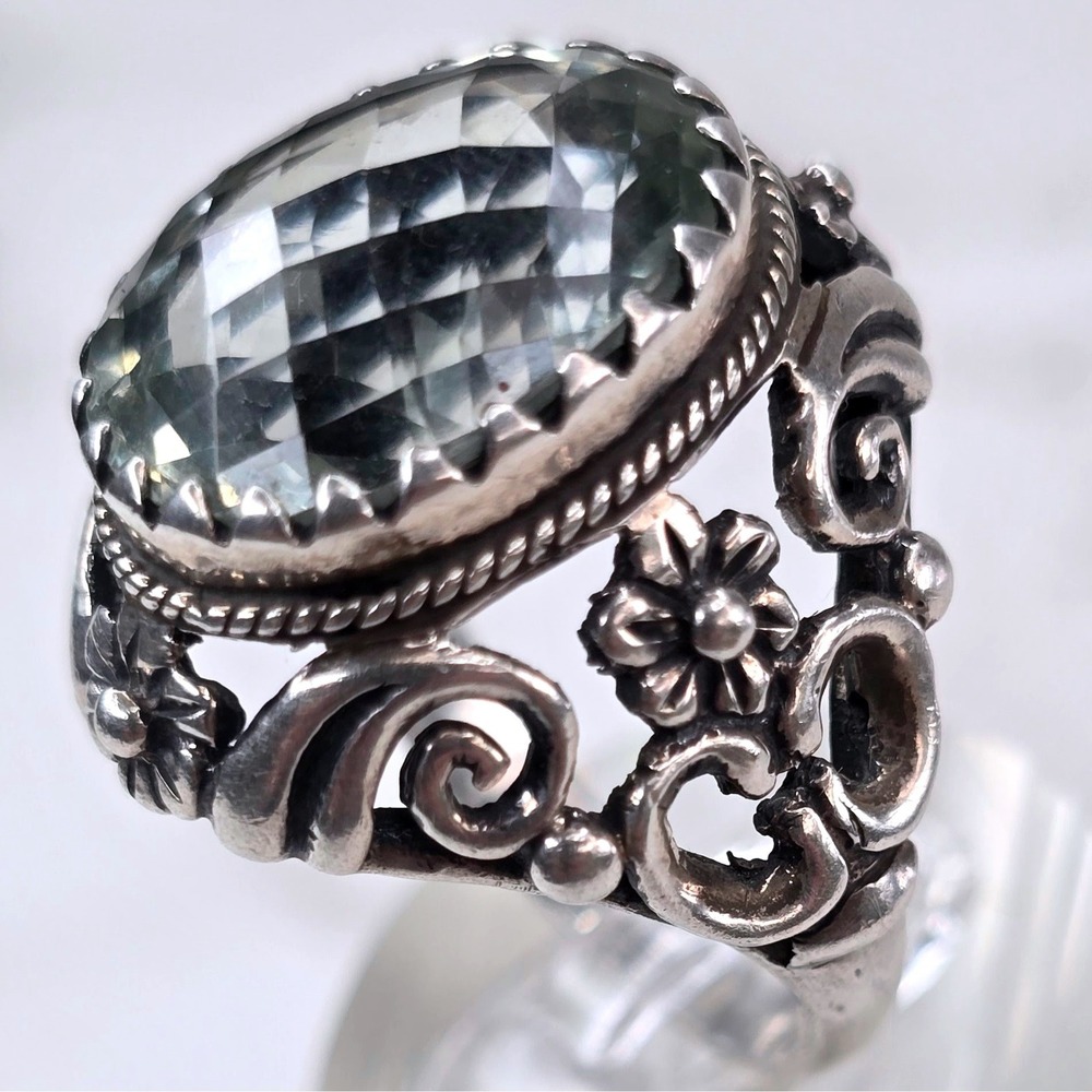 Vintage Sterling Silver Green Amethyst Prasiolite Floral Scroll Ring Size 8 WOW